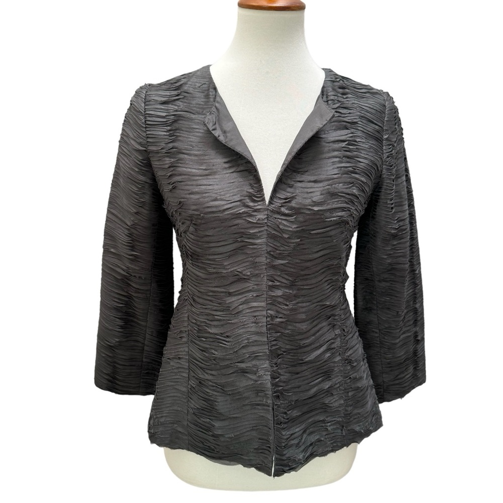 Eileen Fisher Ripple Bindu Silk Roundneck Shaped Jacket Gray Petite